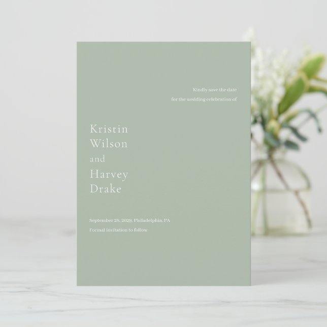 Stilvolle Grün Moderne Hochzeit Save The Date (Stehend Vorderseite)