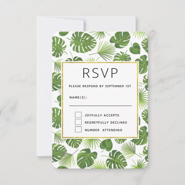 Stilvolle Grün-Tropen-Blätter-Muster Hochzeit RSVP Karte (Vorderseite)