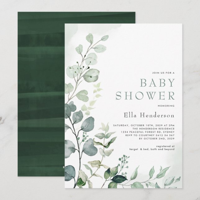Stilvolle Grünanlage Eucalyptus Garden Baby Dusche Einladung (Vorne/Hinten)