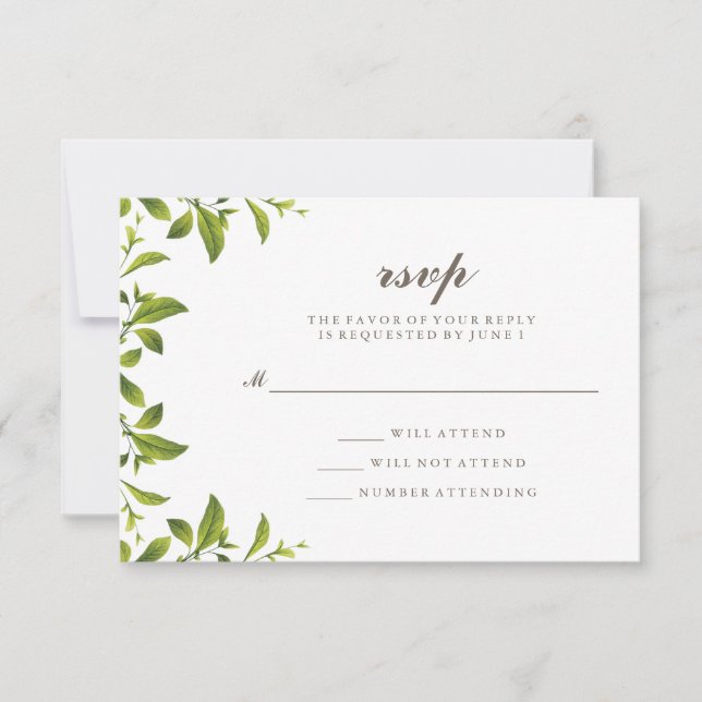 Stilvolle grüne botanische Blätter Hochzeit RSVP Karte (Vorderseite)
