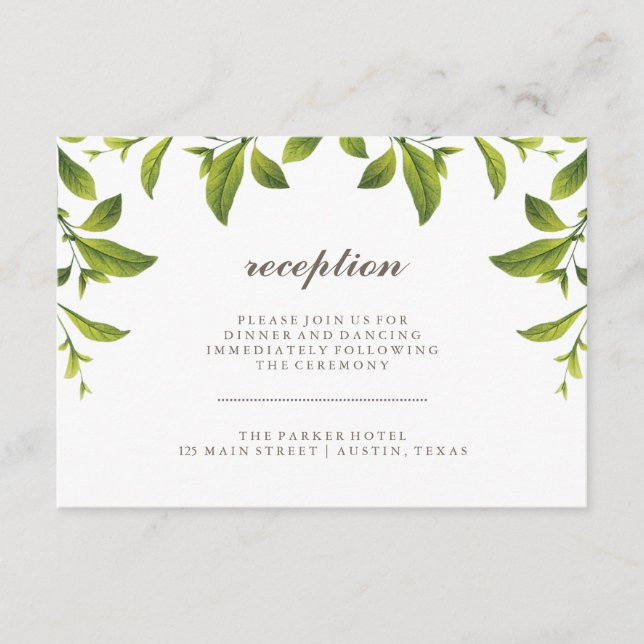 Stilvolle grüne botanische Blätter Hochzeitsempfan Begleitkarte (Vorderseite)