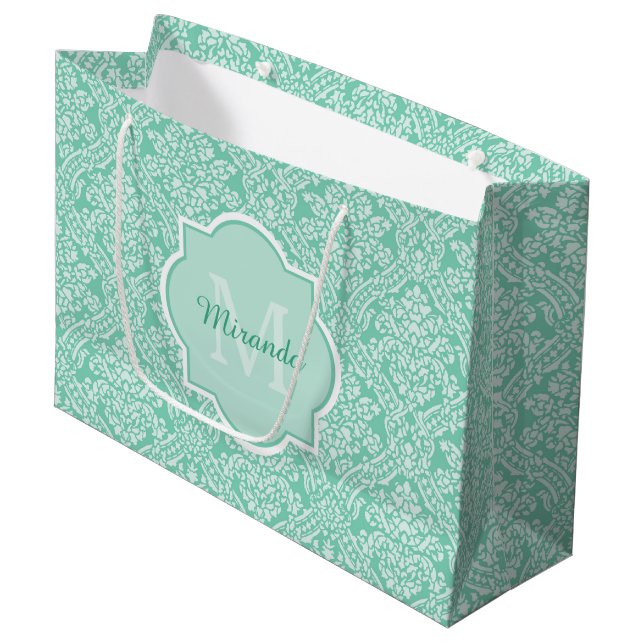 Stilvolle grüne Damaskus-Monogramm mit Namen Große Geschenktüte (Vorderseite Schrägansicht)