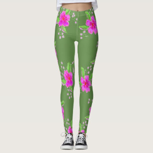 Stilvolle grüne Leggings mit rosa Blume drucken