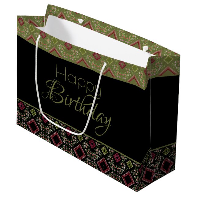 Stilvolle Happy Birthday Große Papiertüte Große Geschenktüte (Vorderseite Schrägansicht)