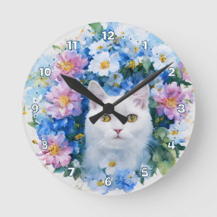 Stilvolle, helle und farbenfrohe Blumenkatze Runde Wanduhr