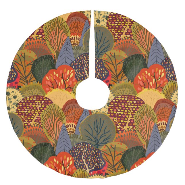 Stilvolle Herbstbäume, helle Waldmuster. Polyester Weihnachtsbaumdecke (Vorderseite)