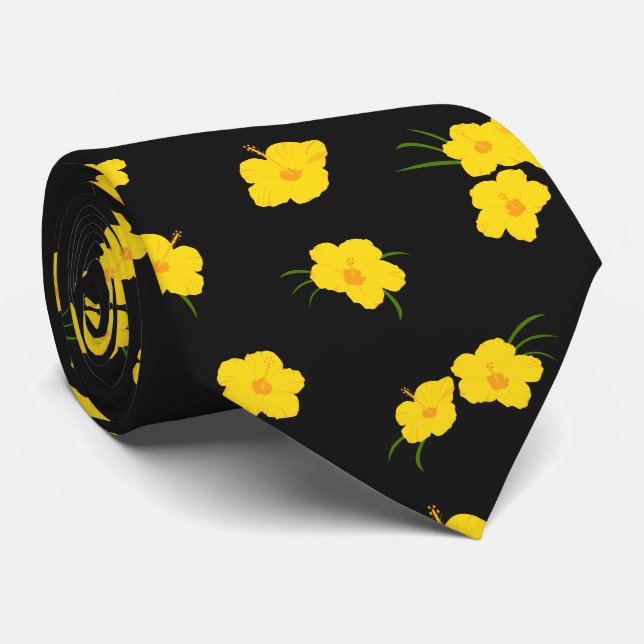 Stilvolle Hibiskus Blume Gelb und Schwarz Gemuster Krawatte (Gerollt)