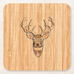 Stilvolle Hirschkopfdruck mit hellen Holzkörnern Rechteckiger Pappuntersetzer