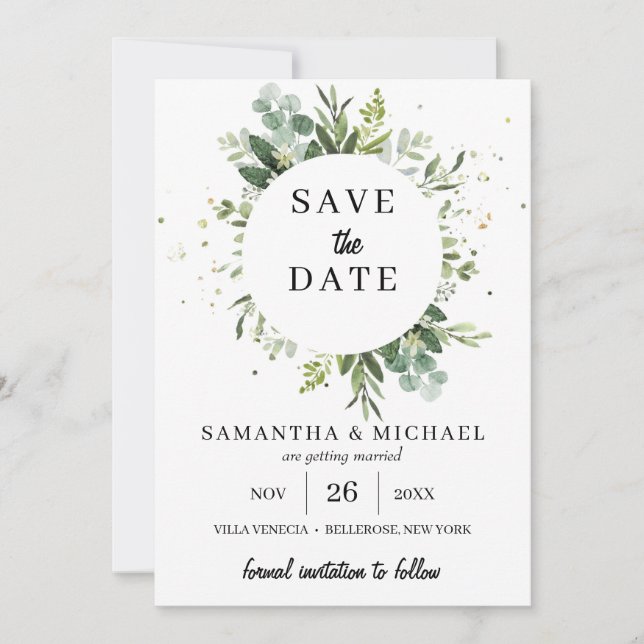 Stilvolle Hochzeit im Grünen retten das Datum Save The Date (Vorderseite)