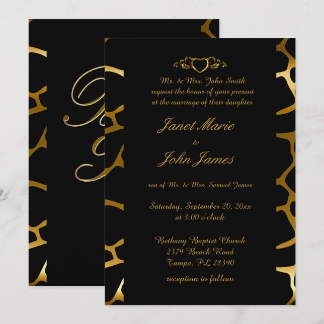 Stilvolle Hochzeit in Gold & Black Giraffe Muster Einladung (Vorne/Hinten)