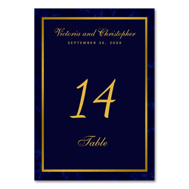 Stilvolle Hochzeit in Navy Blue und Gold Tischnummer (Vorderseite)