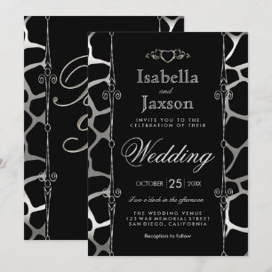 Stilvolle Hochzeit in Silber & Schwarz mit Giraffe Einladung