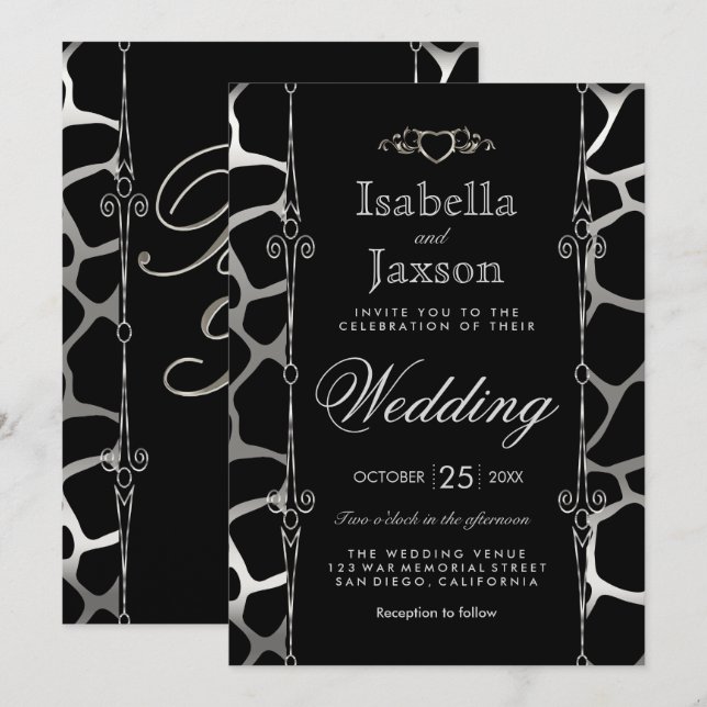 Stilvolle Hochzeit in Silver & Black Giraffe Muste Einladung (Vorne/Hinten)