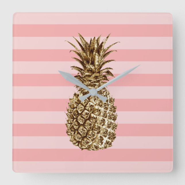 Stilvolle hübsche Ananas mit gürtelgoldenem Ananas Quadratische Wanduhr (Vorderseite)