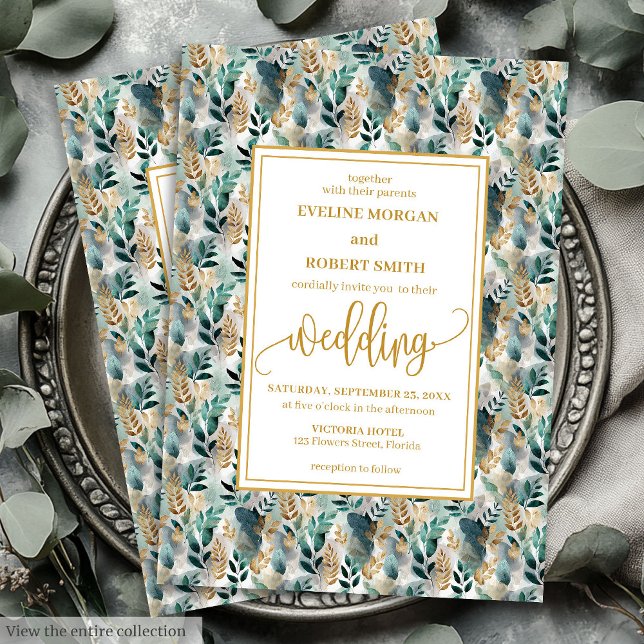 Stilvolle Hunter Green Gold Greenerity Wedding Ein Einladung (Stylish Hunter Green Gold Greenery Wedding Invitation)