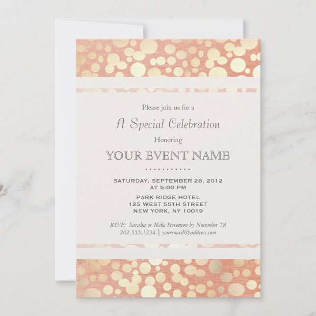 Stilvolle Imitate Gold Foil Circles & Peach Linen Einladung (Vorderseite)