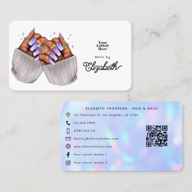Stilvolle Imitats Holographic Nail Salon Branding Visitenkarte (Vorne/Hinten)