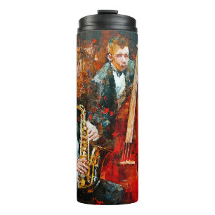 Stilvolle Jazzband, die Musik auf der Szene spielt Thermosbecher