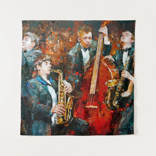 Stilvolle Jazzband, die Musik auf der Szene spielt Wandteppich (Vorderseite)