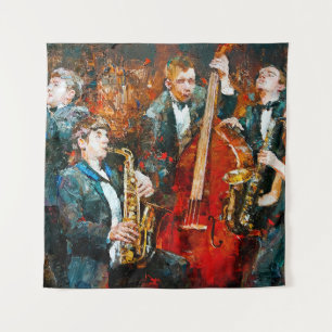 Stilvolle Jazzband spielt Musik auf der Bühne, hin Wandteppich