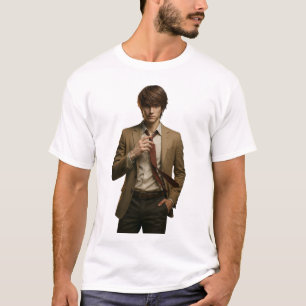 Stilvolle junge Mann in Braun Anzug Einstellung Kr T-Shirt
