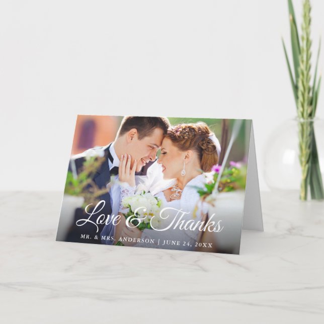 Stilvolle Kalligrafie-Liebe dank Hochzeitstorte Dankeskarte (Vorderseite)