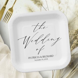 Stilvolle Kalligrafie Schwarz-Weiß-Hochzeit Pappteller