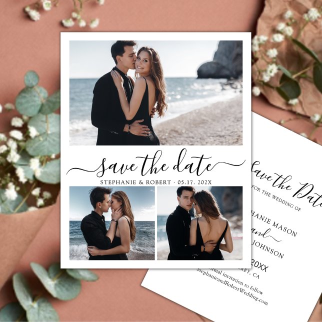 Stilvolle Kalligraphie 3 Foto Collage Wedding Save The Date (Von Creator hochgeladen)