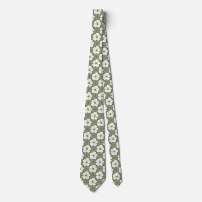 Stilvolle Khaki White Blume Blumenmuster Krawatte (Vorderseite)