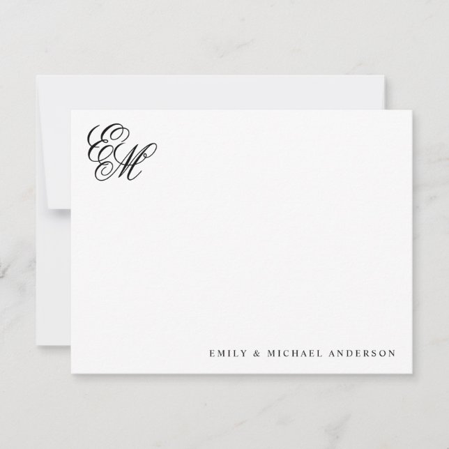 Stilvolle klassische Monogram Script Couple Statio Mitteilungskarte (Vorderseite)