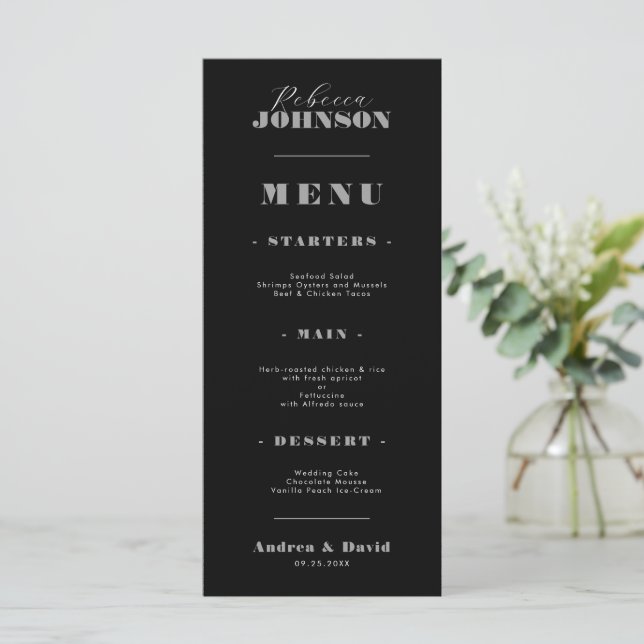 Stilvolle, kühne Schrift Typografie Gastname Weddi Menükarte (Stehend Vorderseite)