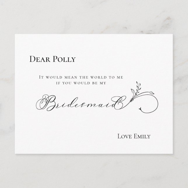 Stilvolle Leaf Black Script Bridesmaid Anfrage Postkarte (Vorderseite)