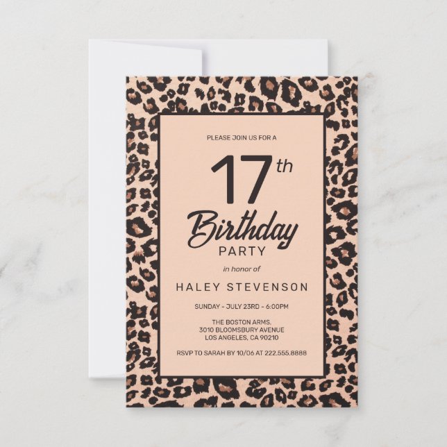 Stilvolle Leopard Animal Print Trendy 17. Geburtst Einladung (Vorderseite)