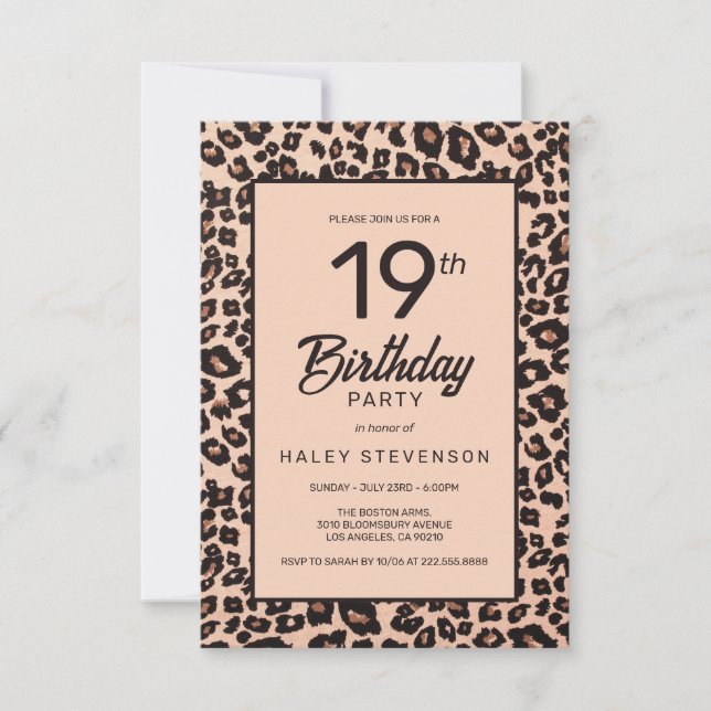 Stilvolle Leopard Animal Print Trendy 19. Geburtst Einladung (Vorderseite)