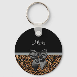 Stilvolle Leopard Print Elegant Black Bow und Name Schlüsselanhänger