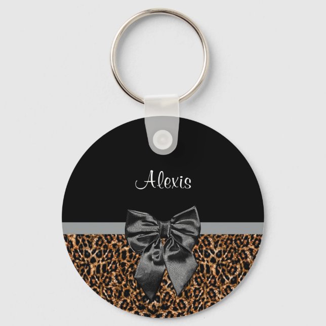 Stilvolle Leopard Print Elegant Black Bow und Name Schlüsselanhänger (Vorderseite)