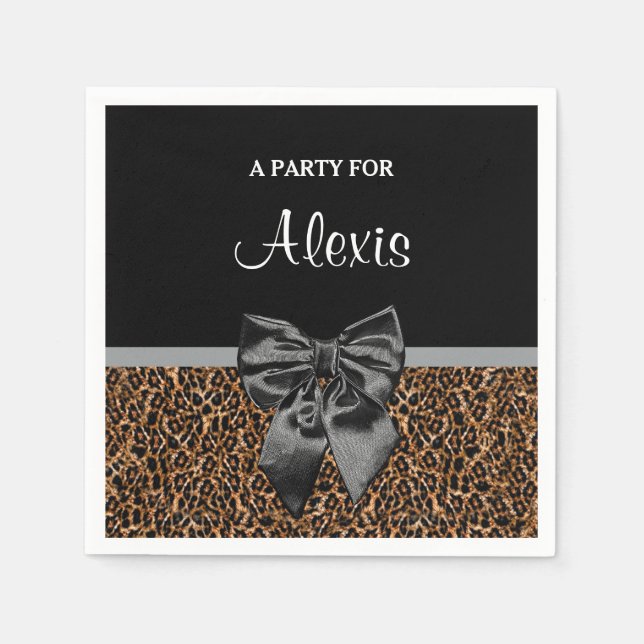 Stilvolle Leopard Print Elegant Black Bow und Name Serviette (Vorderseite)