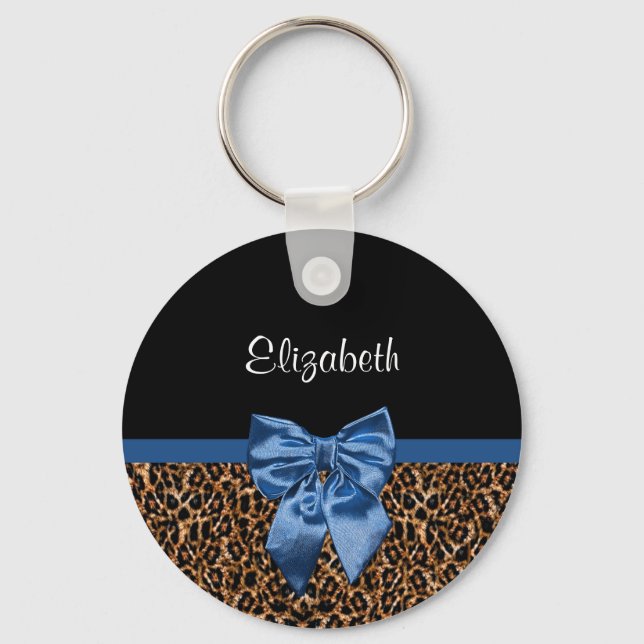 Stilvolle Leopard Print Elegant Blue Bow und Name Schlüsselanhänger (Vorderseite)