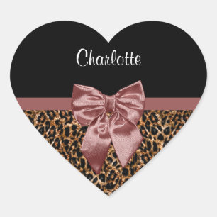 Stilvolle Leopard Print Elegant Brown Bow und Name Herz-Aufkleber