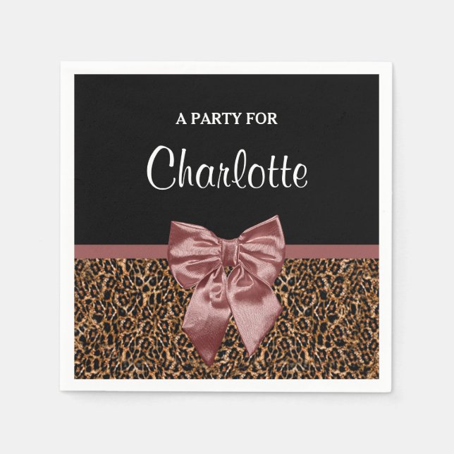 Stilvolle Leopard Print Elegant Brown Bow und Name Serviette (Vorderseite)