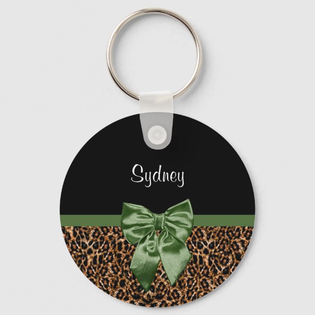 Stilvolle Leopard Print Elegant Green Bow und Name Schlüsselanhänger (Vorderseite)