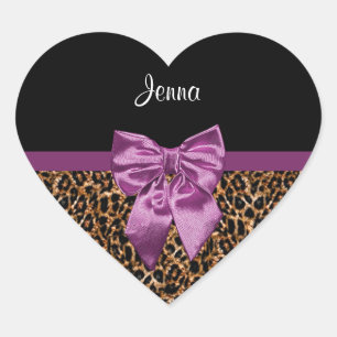 Stilvolle Leopard Print Elegant Lila Bow and Name Herz-Aufkleber