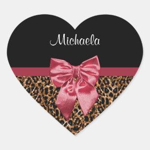 Stilvolle Leopard Print Elegant Red Bow und Name Herz-Aufkleber