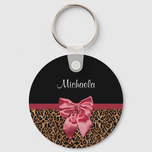 Stilvolle Leopard Print Elegant Red Bow und Name Schlüsselanhänger (Vorderseite)