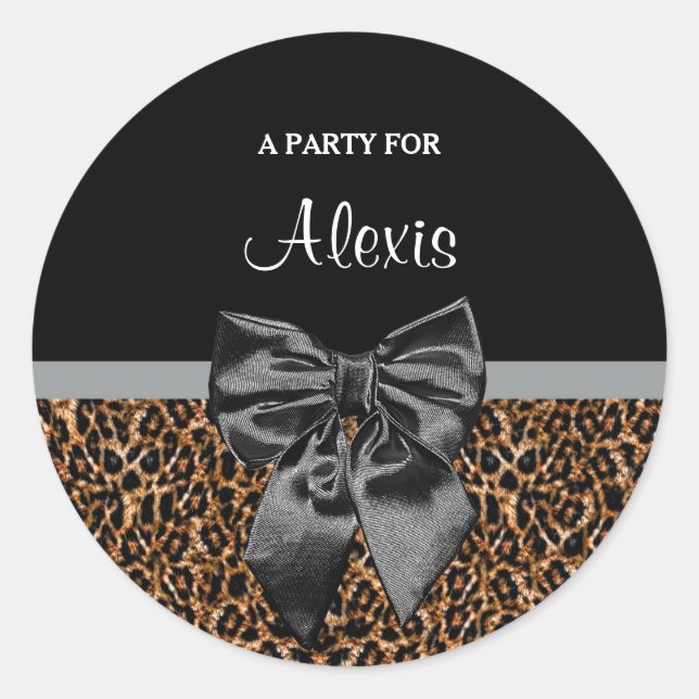 Stilvolle Leopard Print Elegantes Black Bow Party  Runder Aufkleber (Vorderseite)