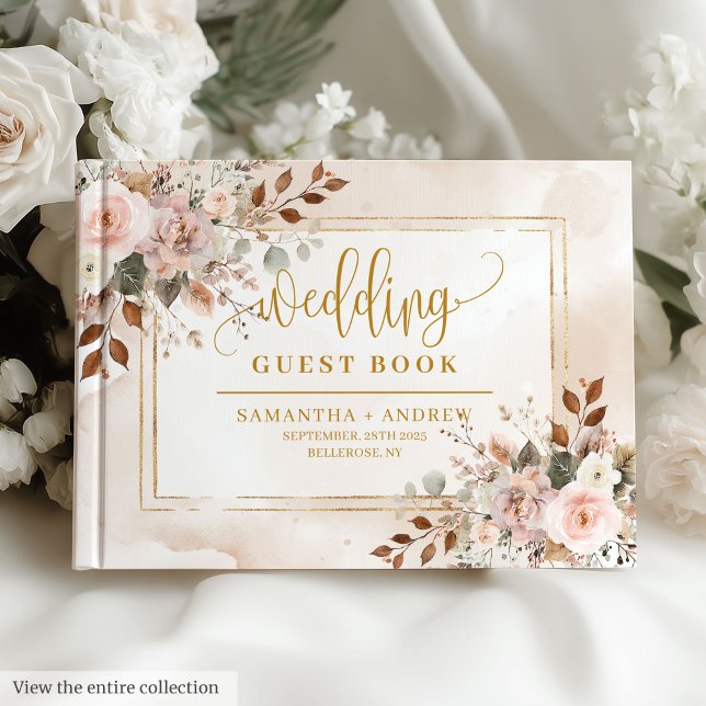 Stilvolle Lichtrosa Goldene Herbstwoche Wasserfarb Gästebuch (Stylish Light Pink Gold Autumn Watercolor Wedding Guest Book)