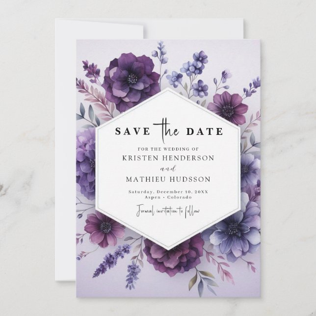 Stilvolle, Lila Blumenhochzeit Save The Date (Vorderseite)