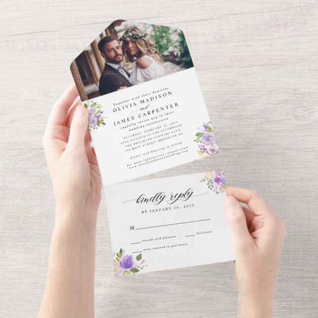 Stilvolle Lila Foto-Hochzeit mit Blumenwasser All In One Einladung (Abreißen)
