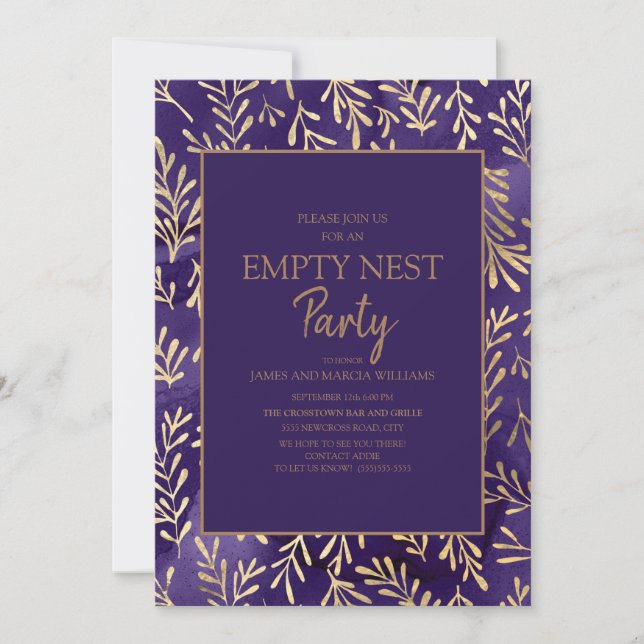 Stilvolle Lila Gold Blätter Leere Nest Party Einladung (Vorderseite)