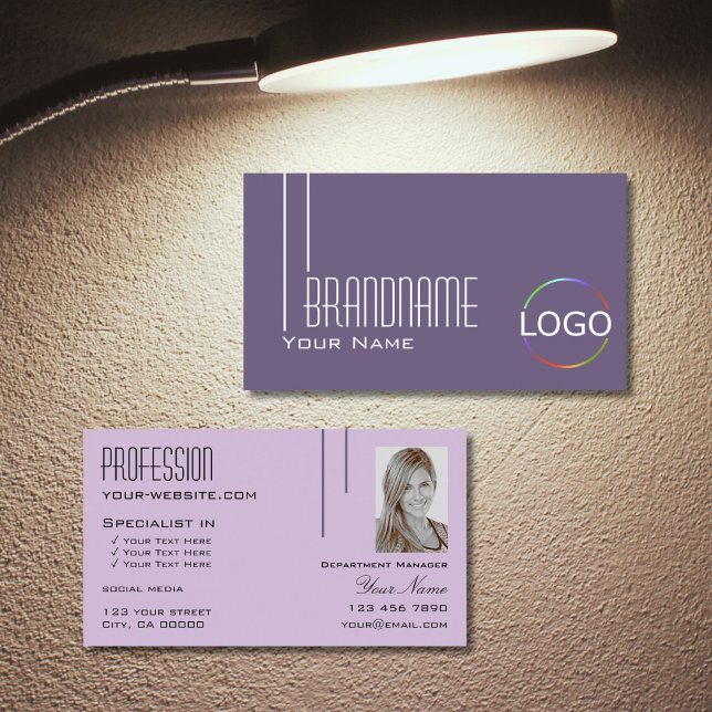 Stilvolle Lila Lilac mit Logo und Foto Moderne Visitenkarte (Von Creator hochgeladen)